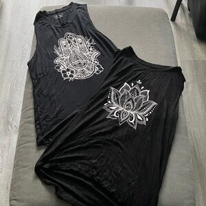 2 Black Sleeveless Tops with White Mandala Design on front